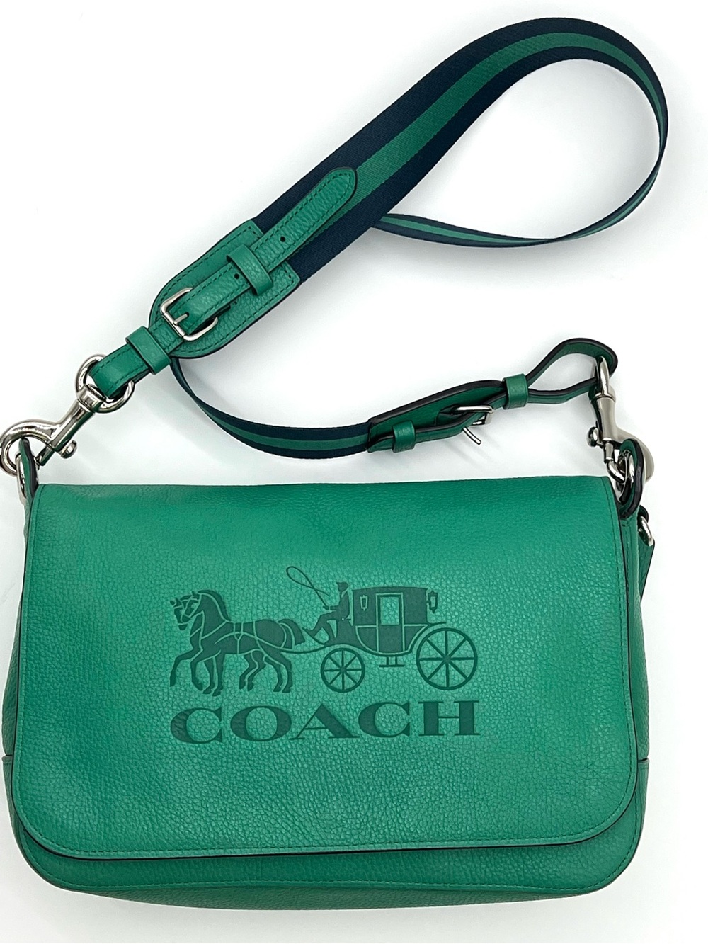 Coach Jes Messenger F72703 Green Pebble Leather Horse Carriage Crossbody EUC